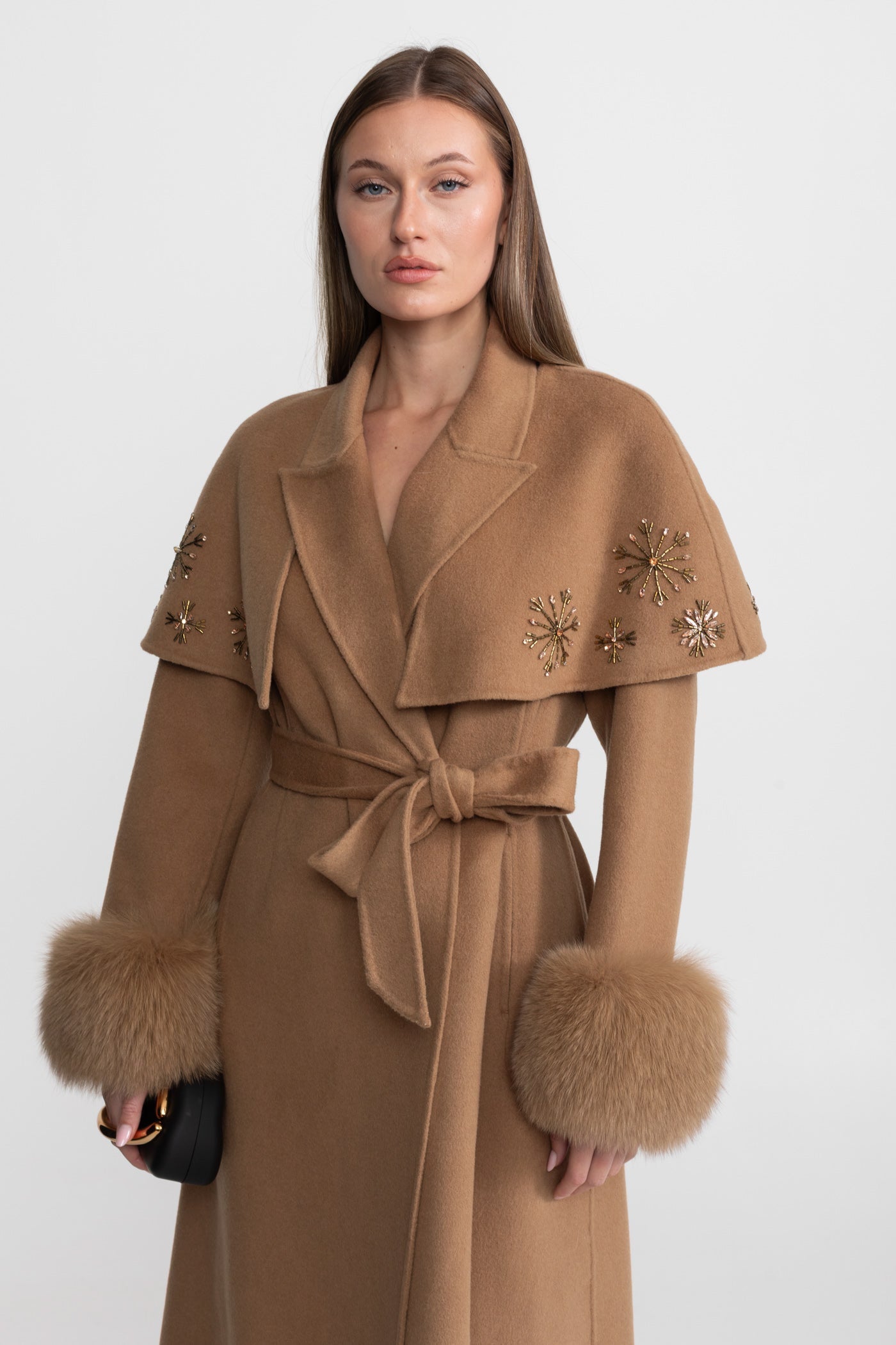 Women's Wool & Cashmere Coat | Fox Fur Cuffs, Crystal Embellishments, Cape Overlay, Light Brown Longline Coat | Steven & Levon