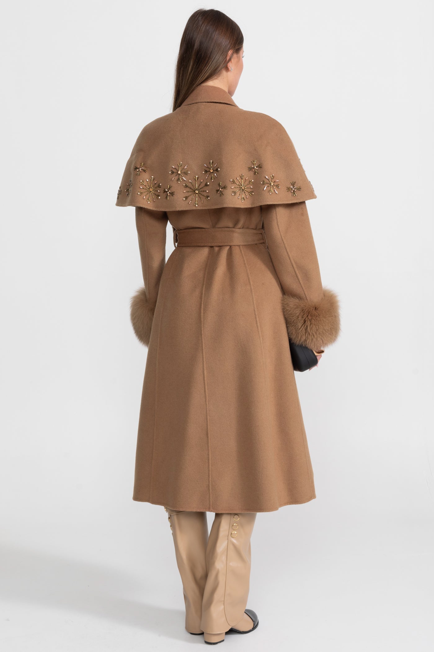 Women's Wool & Cashmere Coat | Fox Fur Cuffs, Crystal Embellishments, Cape Overlay, Light Brown Longline Coat | Steven & Levon