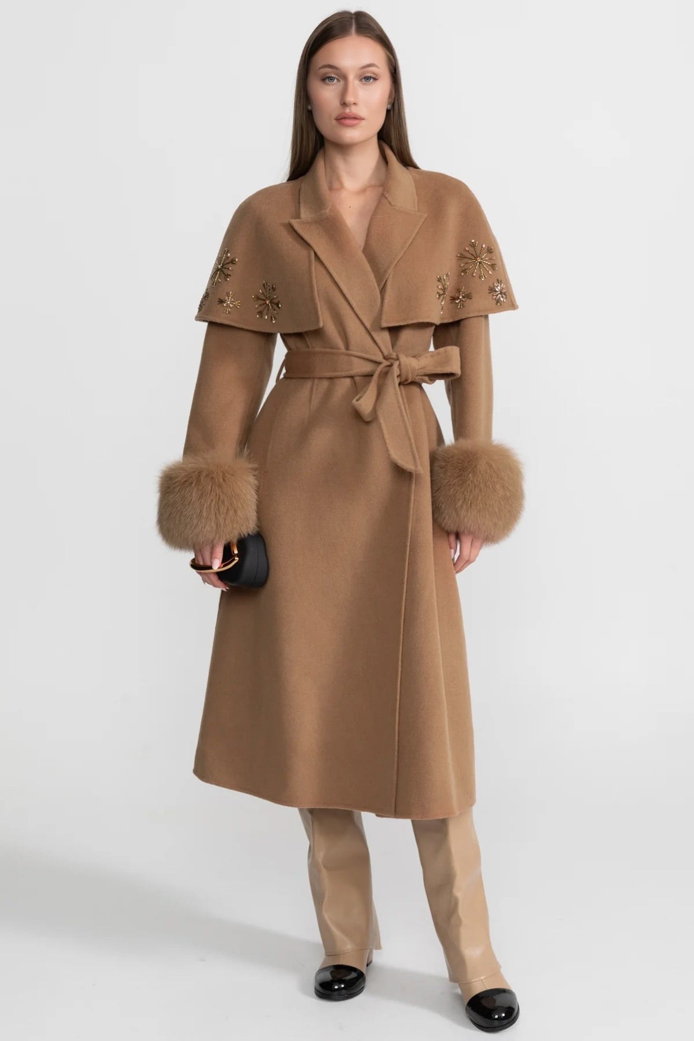 Women's Wool & Cashmere Coat | Fox Fur Cuffs, Crystal Embellishments, Cape Overlay, Light Brown Longline Coat | Steven & Levon