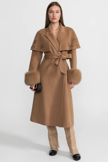Women's Wool & Cashmere Coat | Fox Fur Cuffs, Crystal Embellishments, Cape Overlay, Light Brown Longline Coat | Steven & Levon