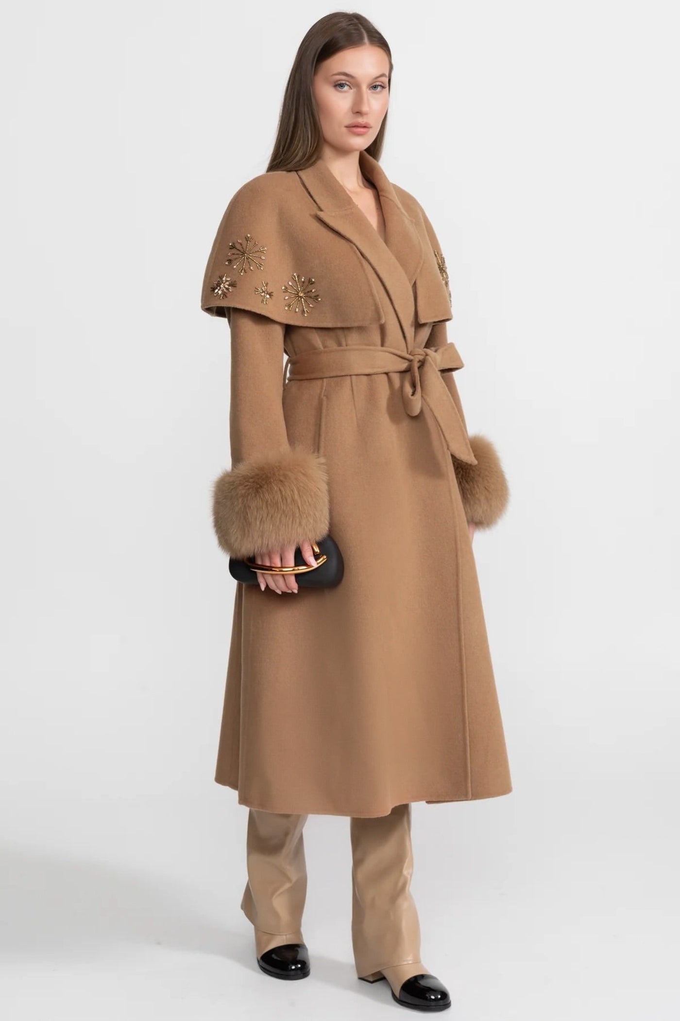 Women's Wool & Cashmere Coat | Fox Fur Cuffs, Crystal Embellishments, Cape Overlay, Light Brown Longline Coat | Steven & Levon