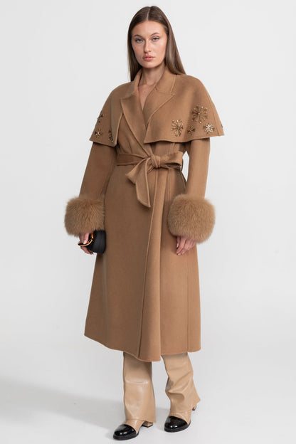 Women's Wool & Cashmere Coat | Fox Fur Cuffs, Crystal Embellishments, Cape Overlay, Light Brown Longline Coat | Steven & Levon