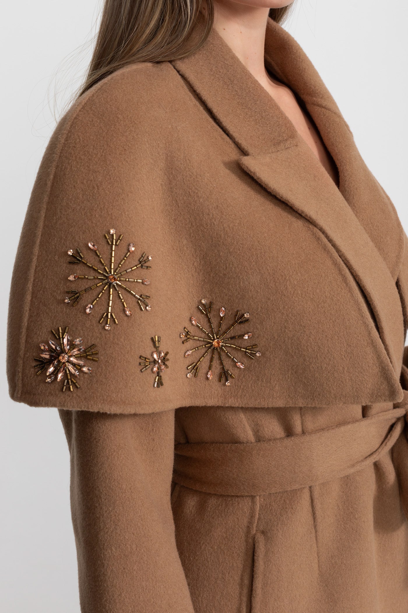 Women's Wool & Cashmere Coat | Fox Fur Cuffs, Crystal Embellishments, Cape Overlay, Light Brown Longline Coat | Steven & Levon