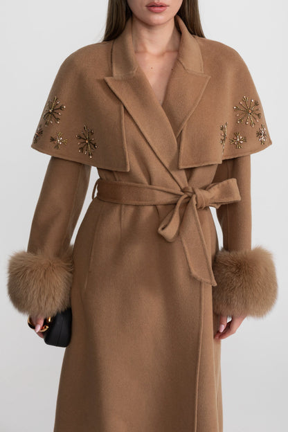 Women's Wool & Cashmere Coat | Fox Fur Cuffs, Crystal Embellishments, Cape Overlay, Light Brown Longline Coat | Steven & Levon