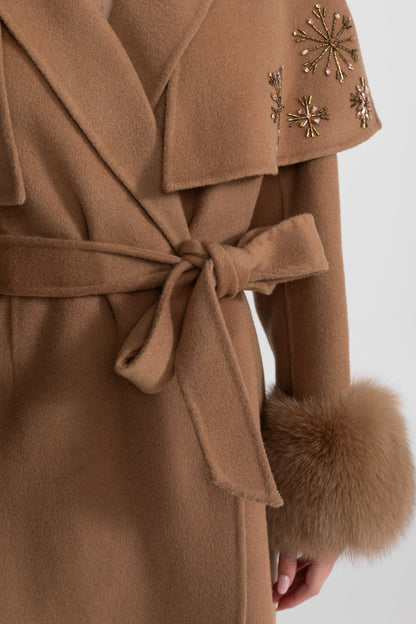 Women's Wool & Cashmere Coat | Fox Fur Cuffs, Crystal Embellishments, Cape Overlay, Light Brown Longline Coat | Steven & Levon