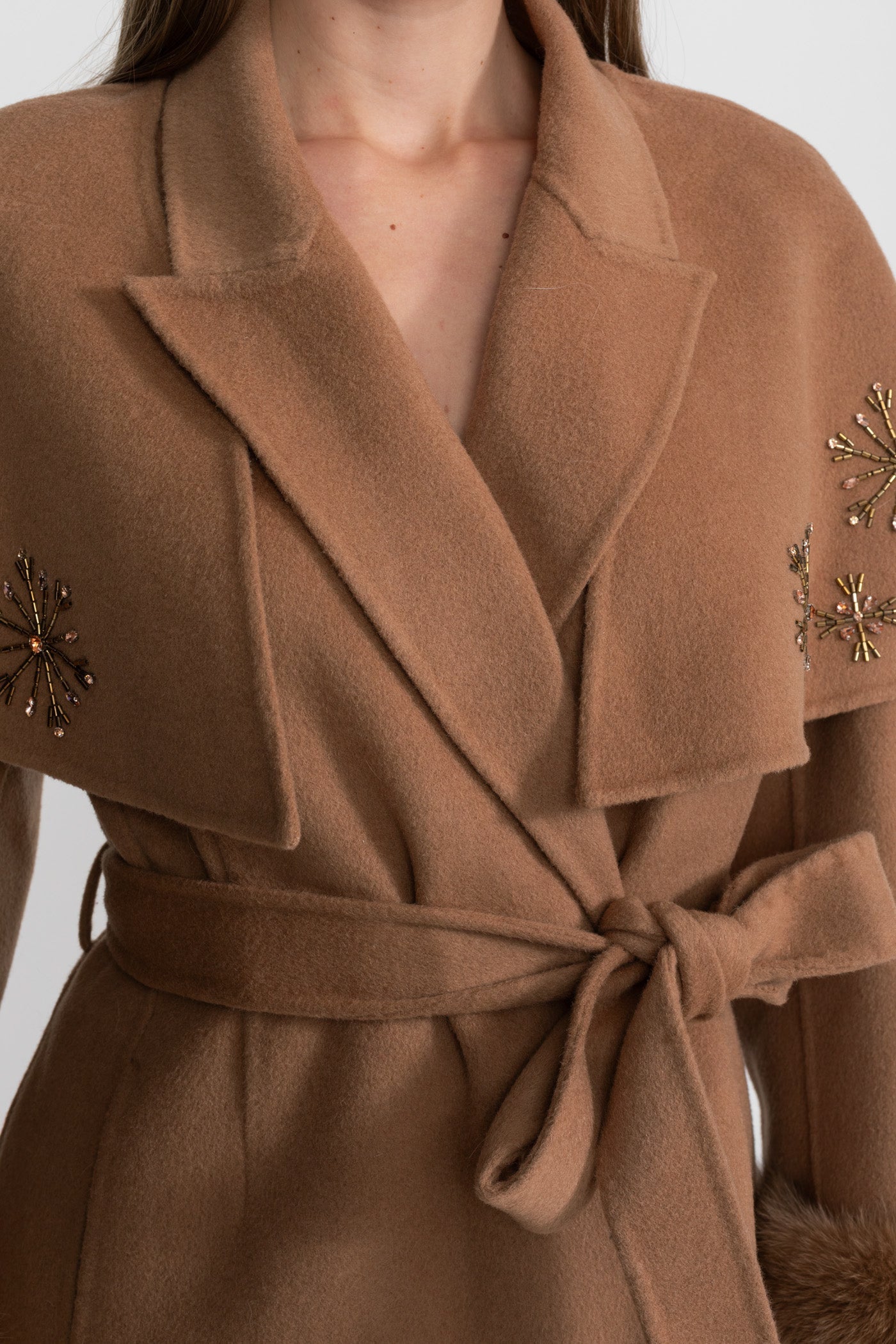 Women's Wool & Cashmere Coat | Fox Fur Cuffs, Crystal Embellishments, Cape Overlay, Light Brown Longline Coat | Steven & Levon