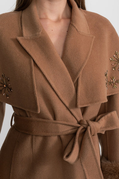 Women's Wool & Cashmere Coat | Fox Fur Cuffs, Crystal Embellishments, Cape Overlay, Light Brown Longline Coat | Steven & Levon