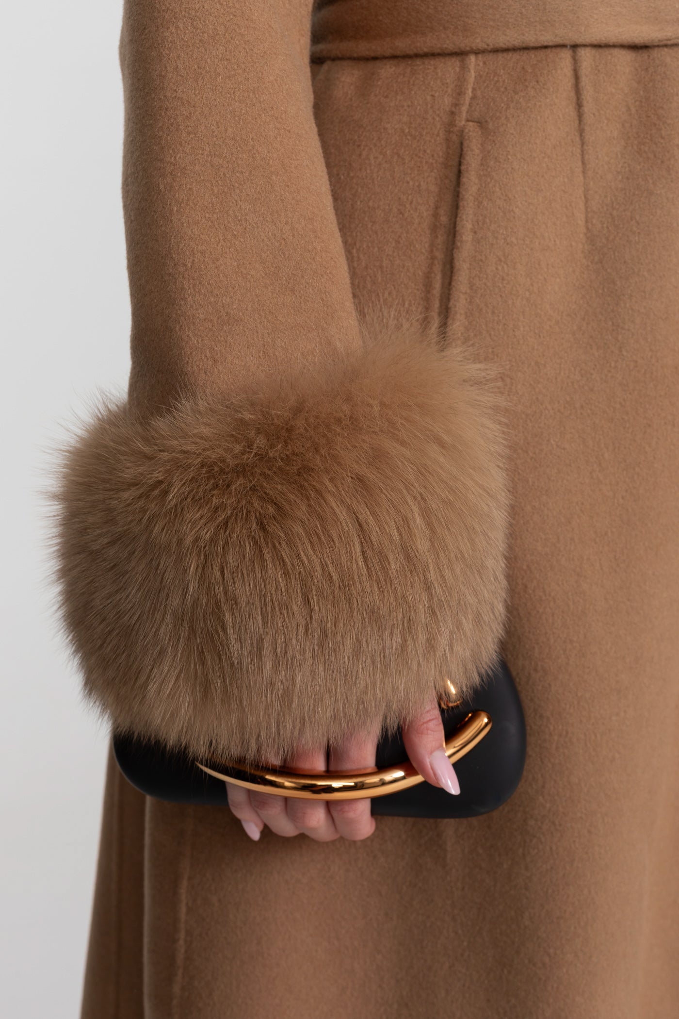 Women's Wool & Cashmere Coat | Fox Fur Cuffs, Crystal Embellishments, Cape Overlay, Light Brown Longline Coat | Steven & Levon