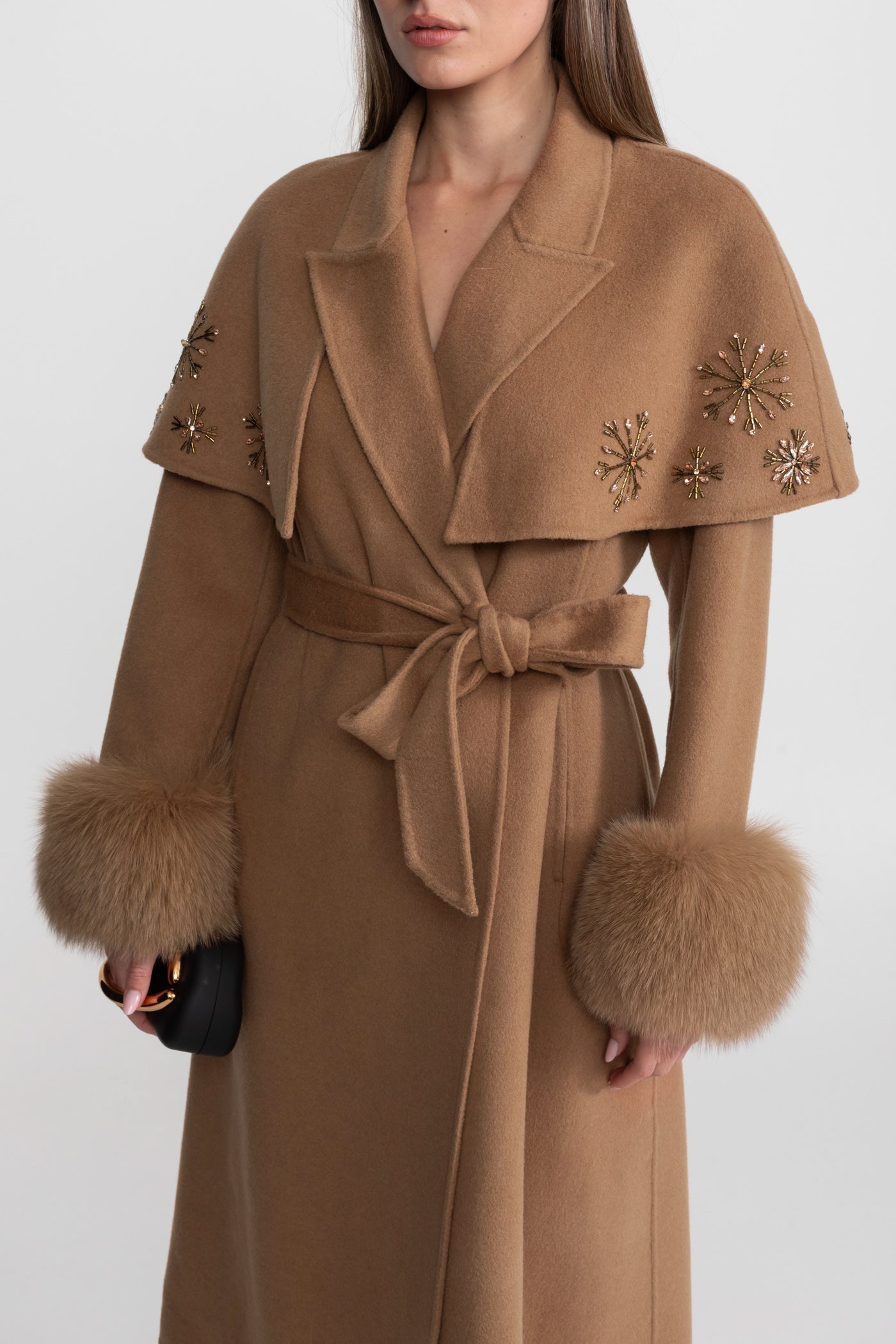 Women's Wool & Cashmere Coat | Fox Fur Cuffs, Crystal Embellishments, Cape Overlay, Light Brown Longline Coat | Steven & Levon