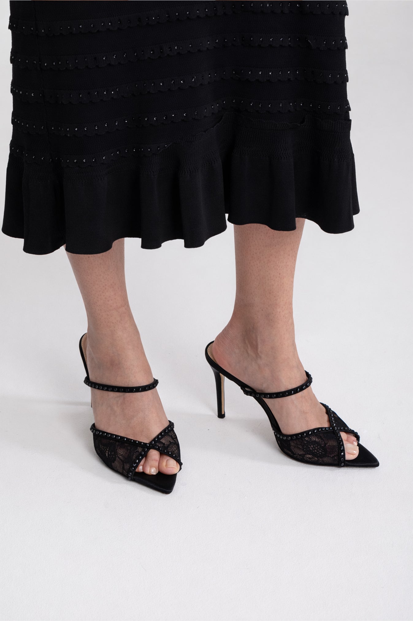 Crystal Strap Lace Pointed Toe Mules | Women | Rhinestone Detail | Black | Steven & Levon