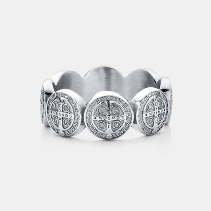 Saint Benedict Band Ring | Gold or Silver | Unisex | Stainless Steel | Religious Symbol | Steven & Levon