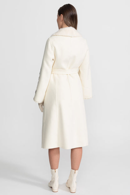 Women's Wool & Cashmere Overcoat | Fox Fur Collar | Crystal Embellished Sleeves, Belted Wrap Coat | Steven & Levon