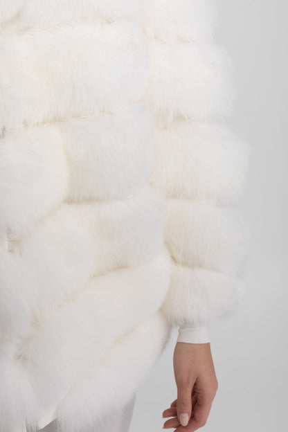 Tiered Fox Fur Jacket | Women's Luxury Fur Coat | Oversized Shawl Collar, White Statement Outerwear | Steven & Levon