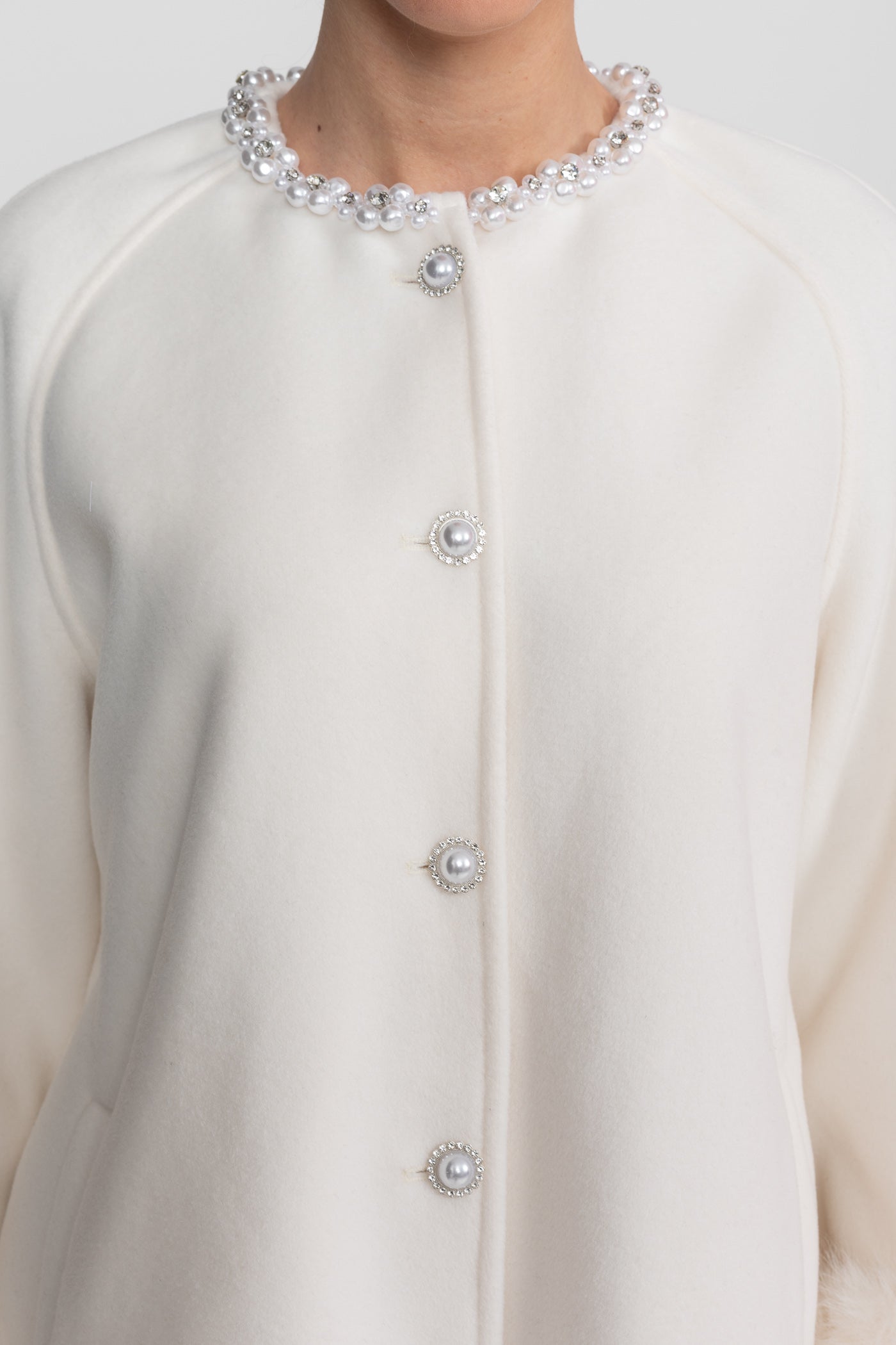 Women's Longline Jacket | Pearl Embellished Neckline | Fox Fur Cuffs | White Coat | Steven & Levon