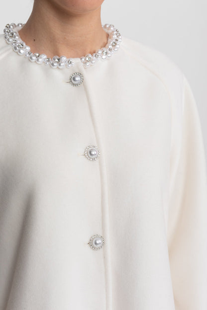 Women's Longline Jacket | Pearl Embellished Neckline | Fox Fur Cuffs | White Coat | Steven & Levon