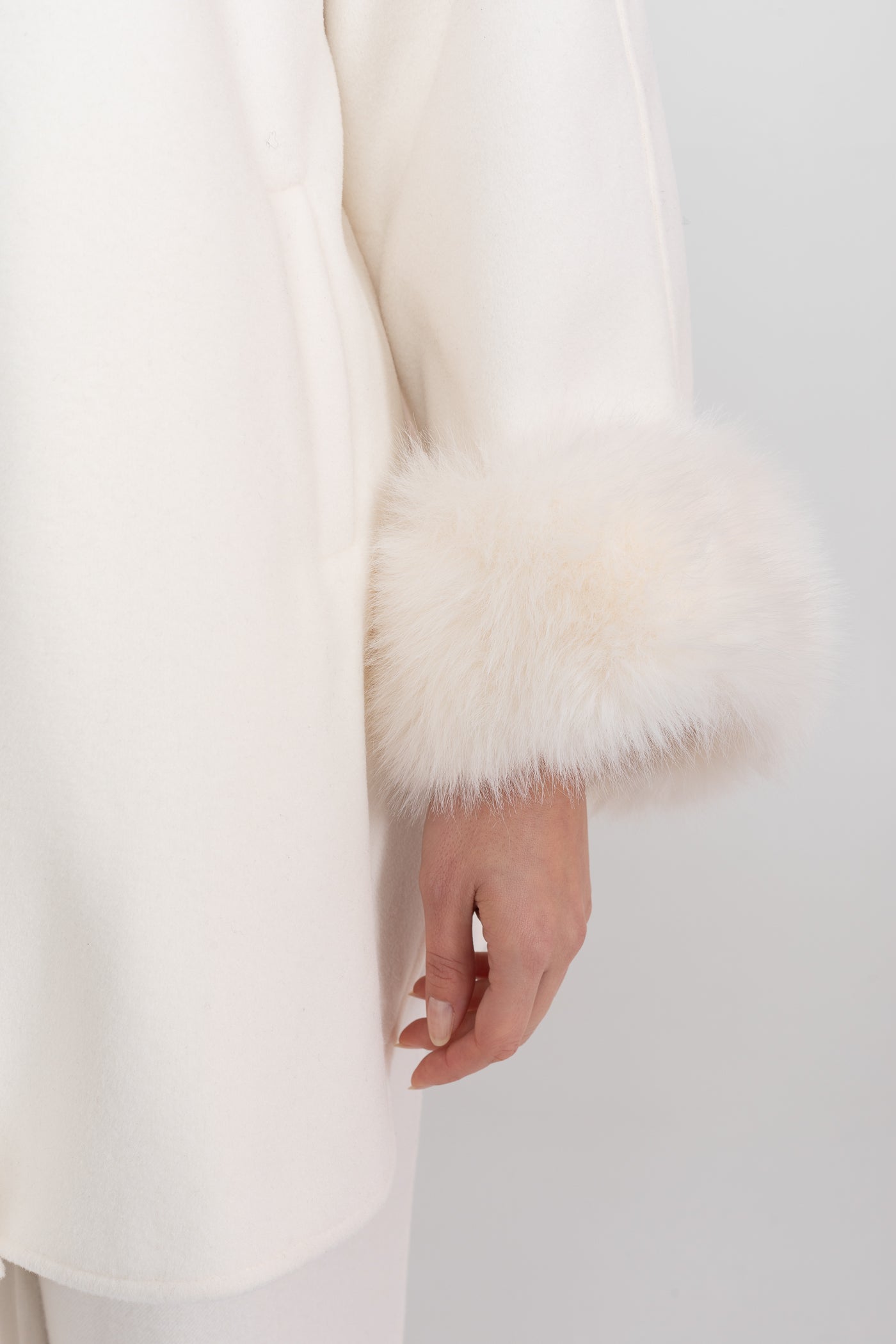 Women's Longline Jacket | Pearl Embellished Neckline | Fox Fur Cuffs | White Coat | Steven & Levon