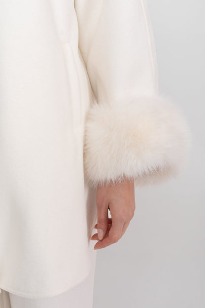 Women's Longline Jacket | Pearl Embellished Neckline | Fox Fur Cuffs | White Coat | Steven & Levon