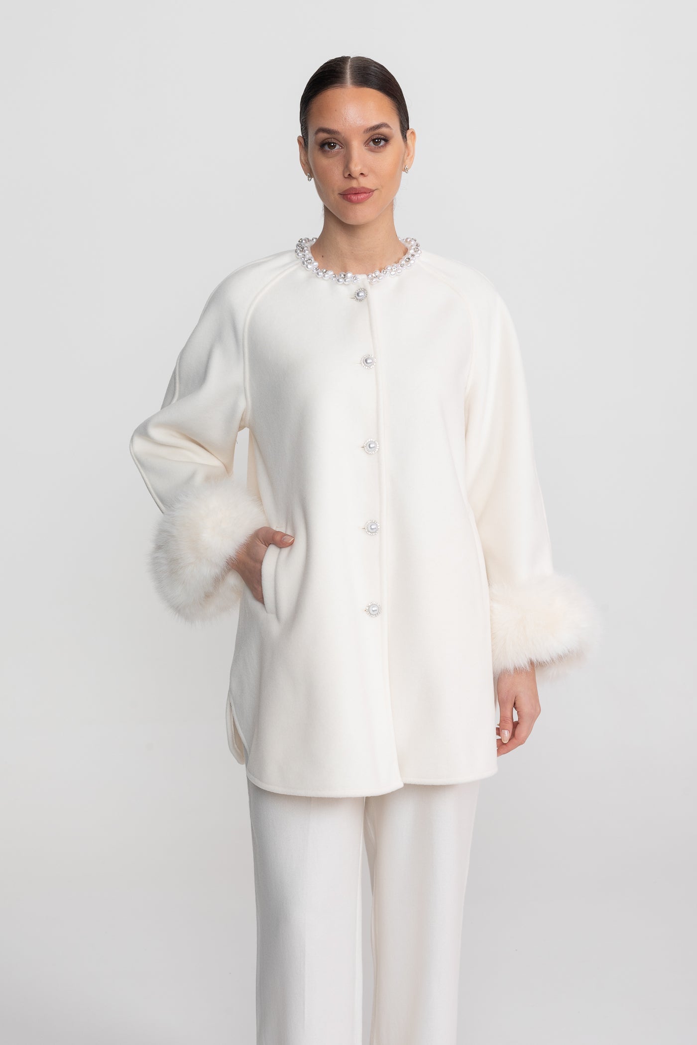 Women's Longline Jacket | Pearl Embellished Neckline | Fox Fur Cuffs | White Coat | Steven & Levon