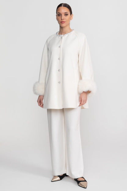 Women's Longline Jacket | Pearl Embellished Neckline | Fox Fur Cuffs | White Coat | Steven & Levon