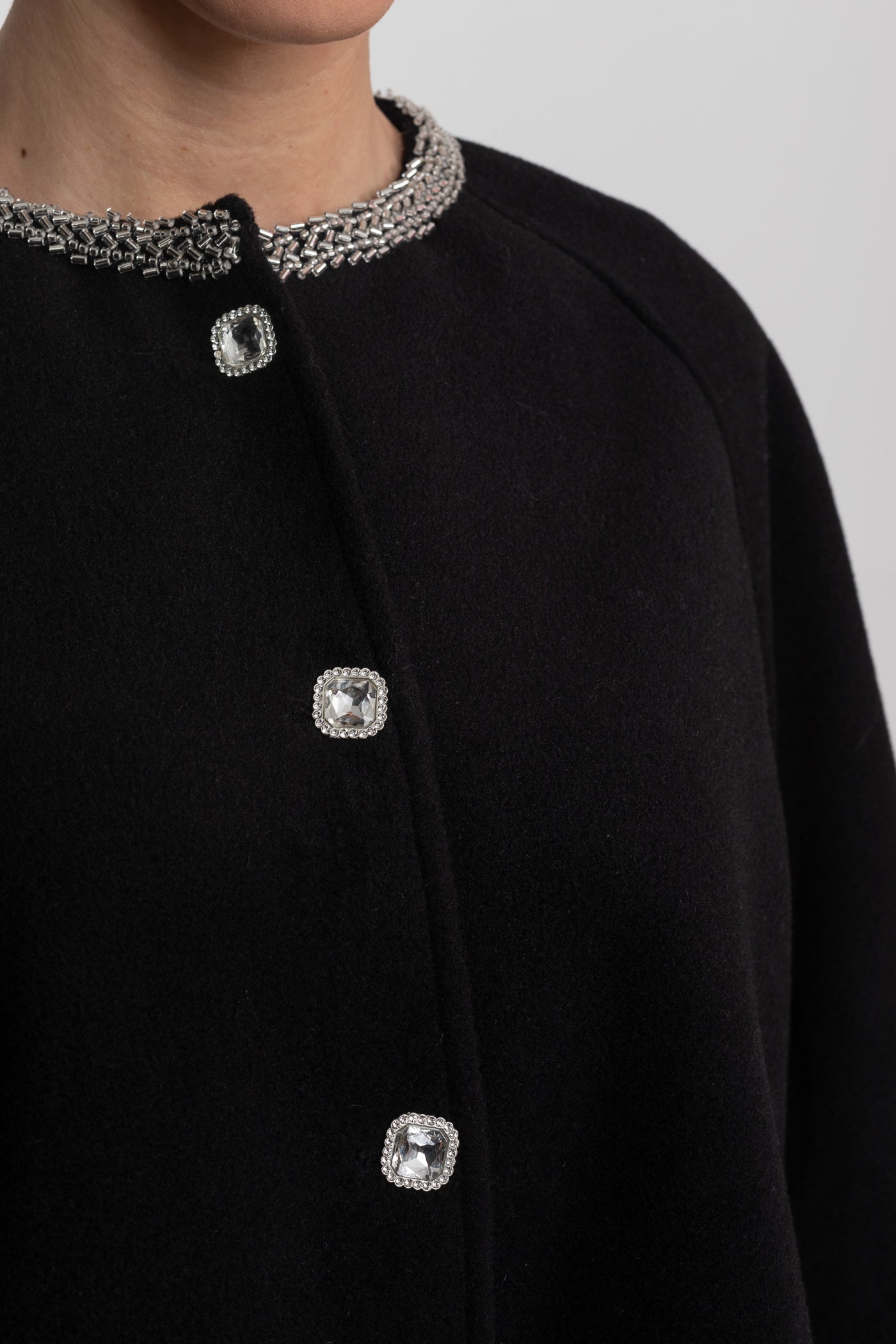 Women's Longline Jacket | Pearl Neckline | Fox Fur Cuffs | Black Winter Coat | Steven & Levon