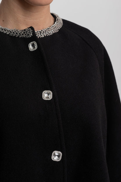Women's Longline Jacket | Pearl Neckline | Fox Fur Cuffs | Black Winter Coat | Steven & Levon