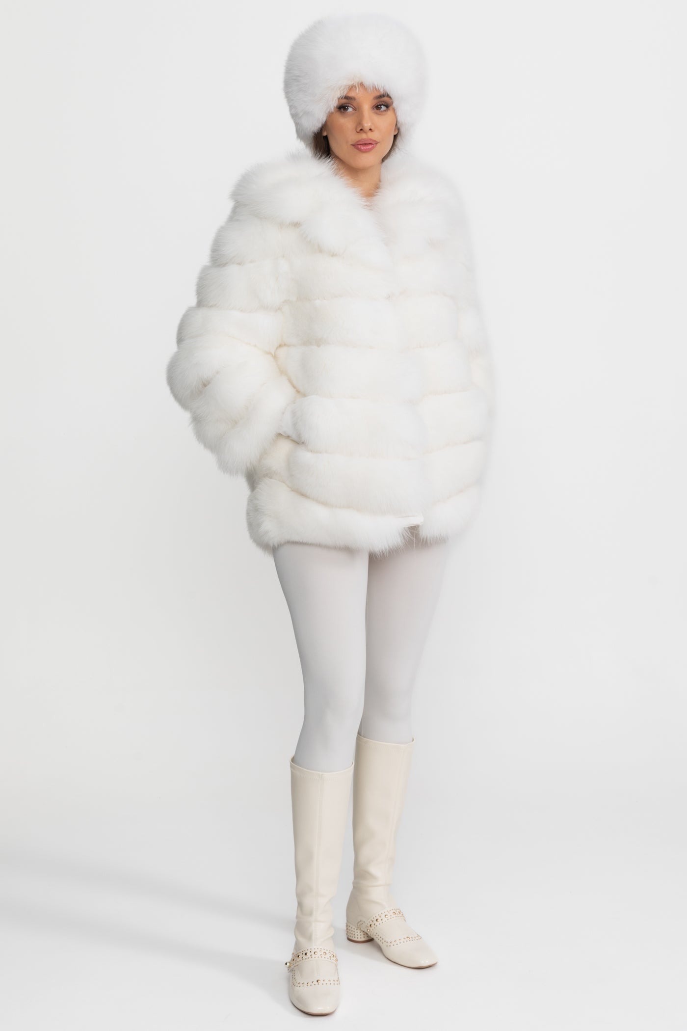 Tiered Fox Fur Jacket | Women's Luxury Fur Coat | Oversized Shawl Collar, White Statement Outerwear | Steven & Levon