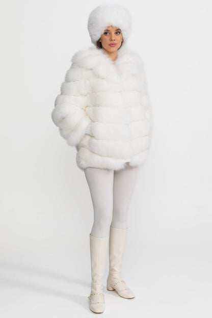 Tiered Fox Fur Jacket | Women's Luxury Fur Coat | Oversized Shawl Collar, White Statement Outerwear | Steven & Levon