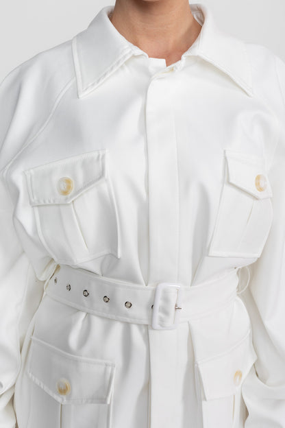 Women's Belted Trench Jacket | Polyester | Oversized Patch Pockets, Utility Style White Outerwear | Steven & Levon