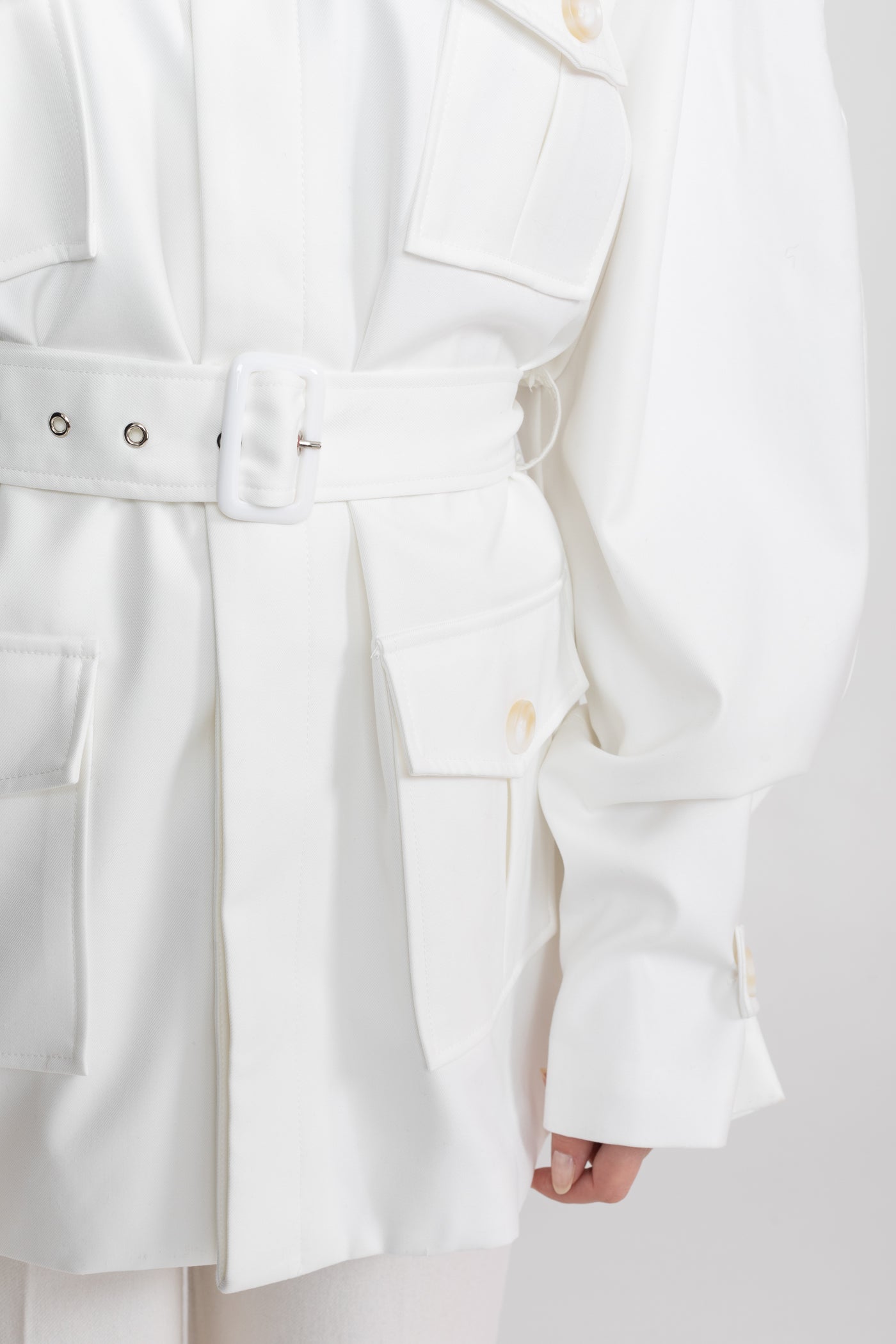 Women's Belted Trench Jacket | Polyester | Oversized Patch Pockets, Utility Style White Outerwear | Steven & Levon
