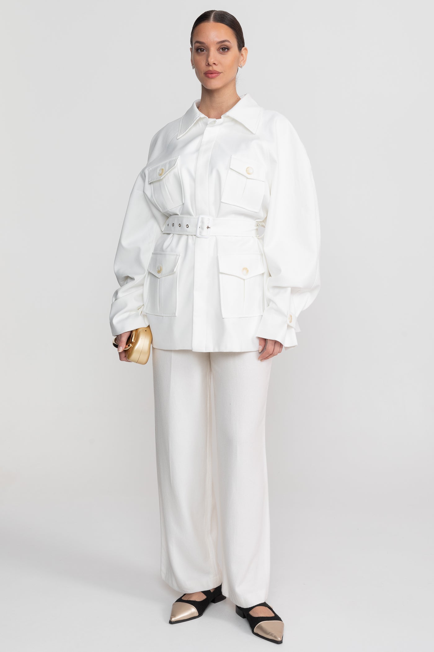 Women's Belted Trench Jacket | Polyester | Oversized Patch Pockets, Utility Style White Outerwear | Steven & Levon