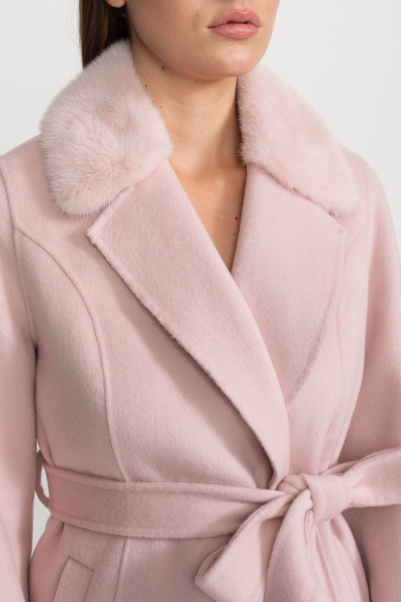 Women's Wool & Cashmere Overcoat | Fox Fur Collar | Crystal Embellished Sleeves, Pink, Belted Wrap Coat | Steven & Levon