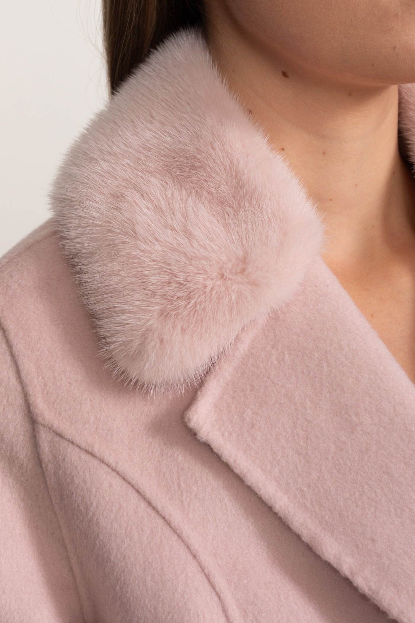Women's Wool & Cashmere Overcoat | Fox Fur Collar | Crystal Embellished Sleeves, Pink, Belted Wrap Coat | Steven & Levon