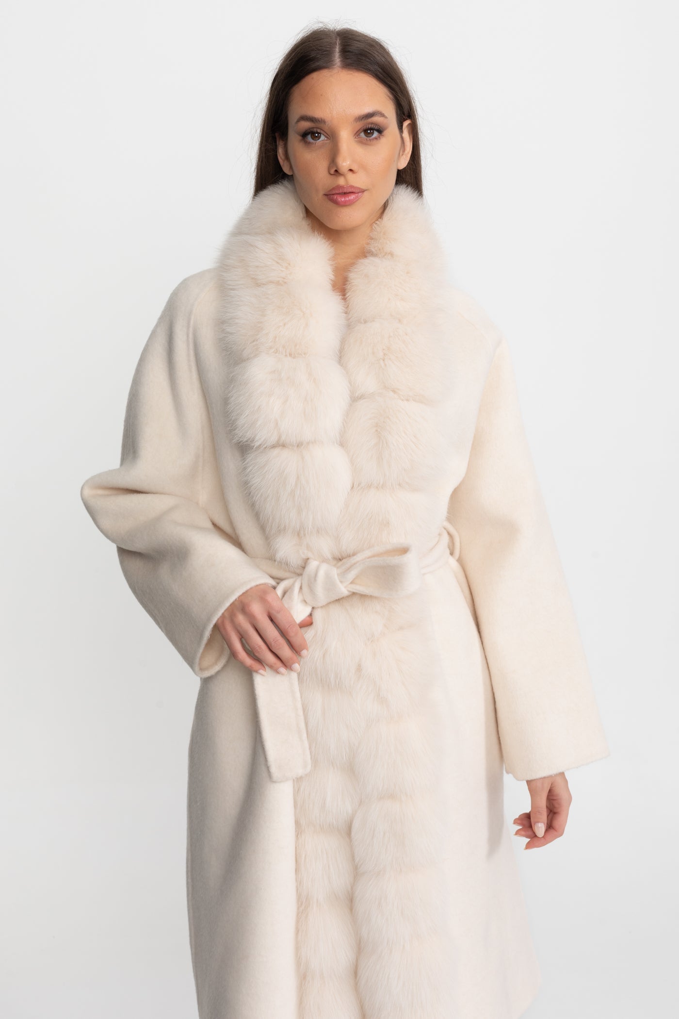Women's Wool Blend Long Coat | Plush Fur Front | Ivory Winter Coat | Elegant | Steven & Levon
