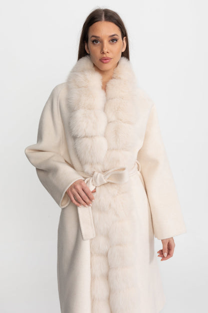Women's Wool Blend Long Coat | Plush Fur Front | Ivory Winter Coat | Elegant | Steven & Levon