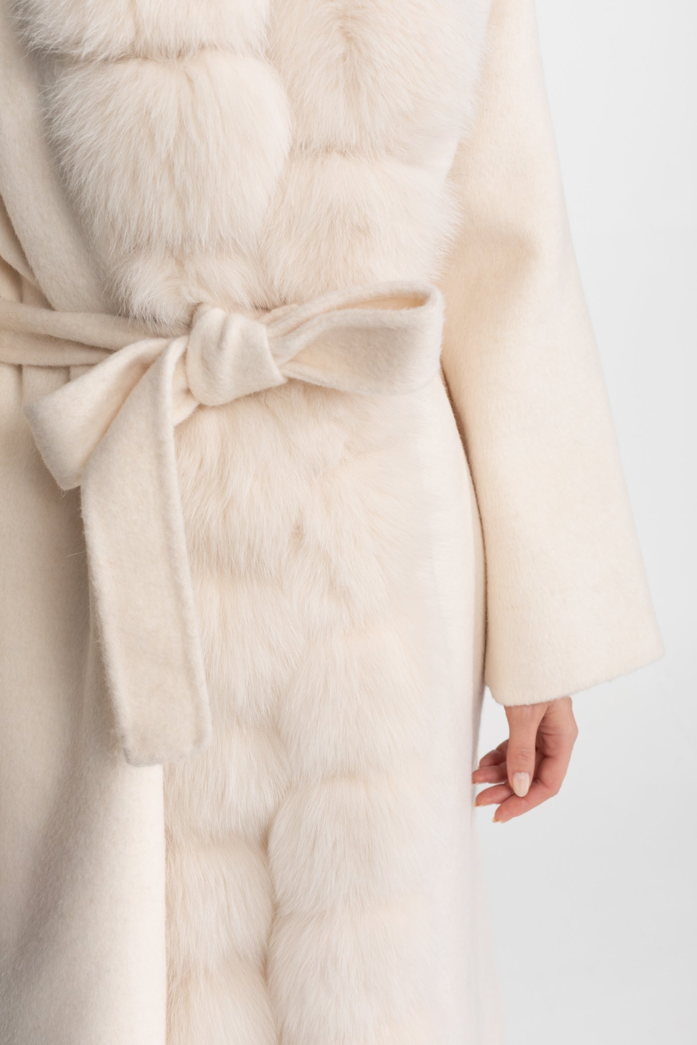 Women's Wool Blend Long Coat | Plush Fur Front | Ivory Winter Coat | Elegant | Steven & Levon