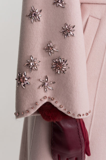 Women's Wool & Cashmere Overcoat | Fox Fur Collar | Crystal Embellished Sleeves, Pink, Belted Wrap Coat | Steven & Levon