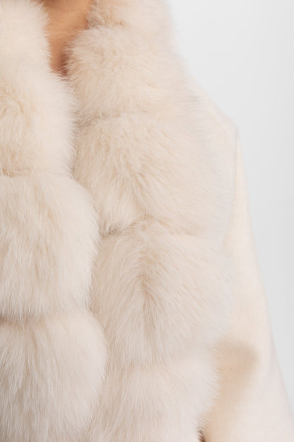 Women's Wool Blend Long Coat | Plush Fur Front | Ivory Winter Coat | Elegant | Steven & Levon