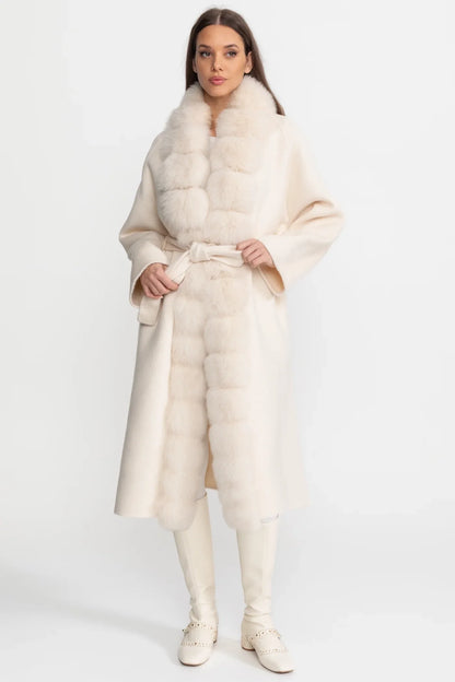 Women's Wool Blend Long Coat | Plush Fur Front | Ivory Winter Coat | Elegant | Steven & Levon