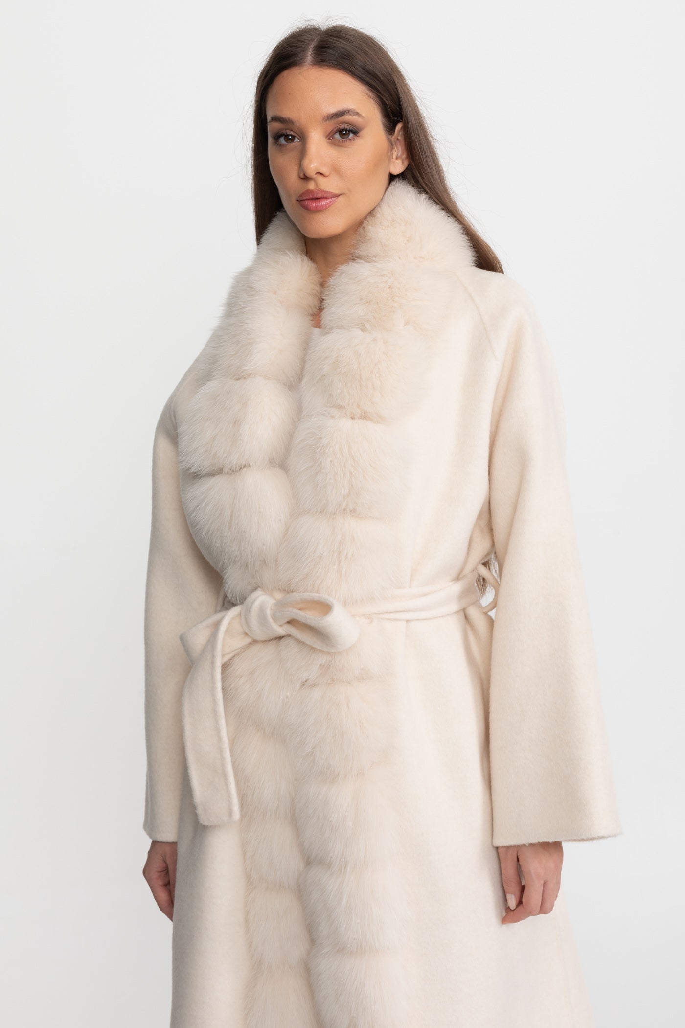 Women's Wool Blend Long Coat | Plush Fur Front | Ivory Winter Coat | Elegant | Steven & Levon