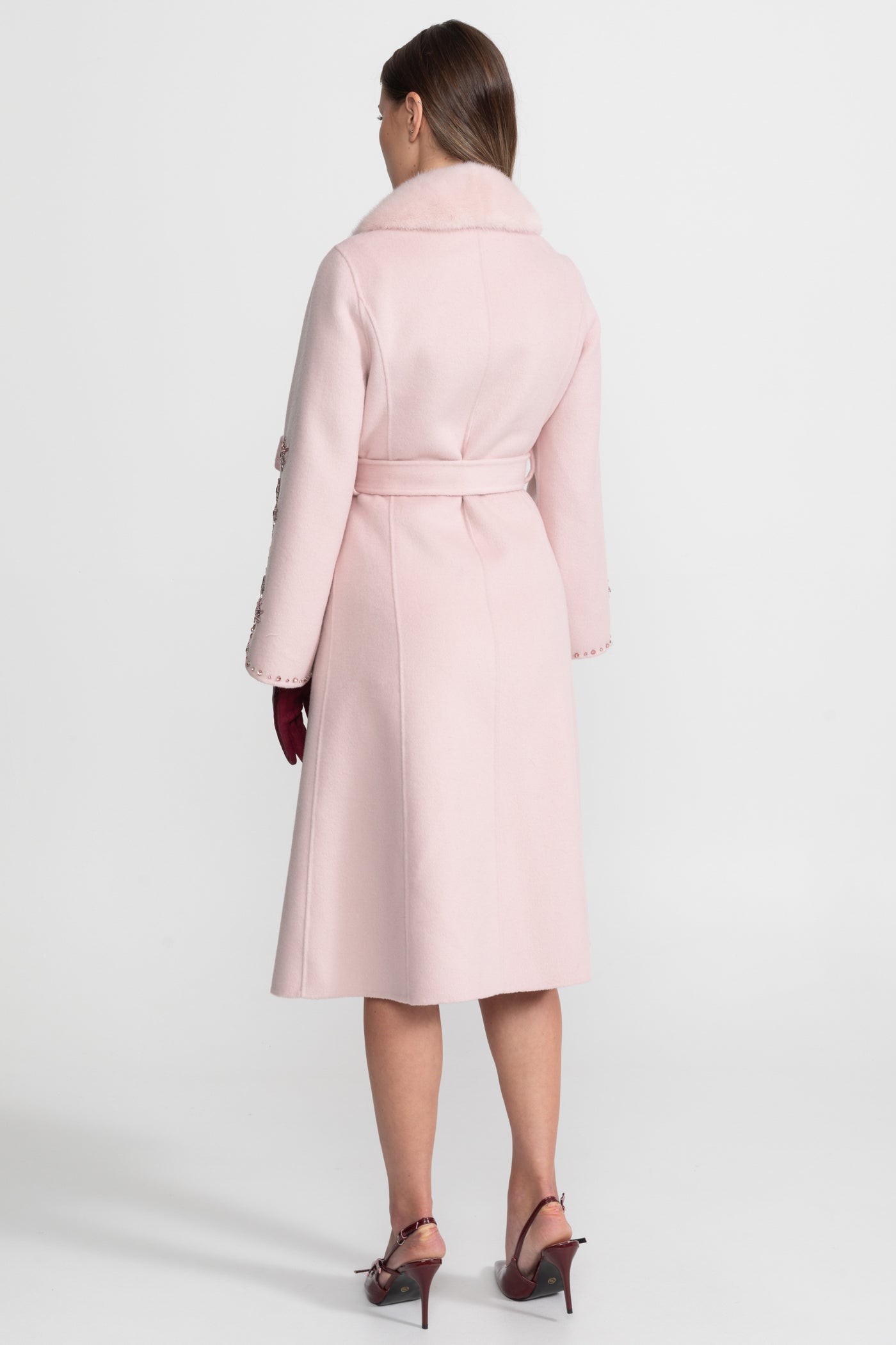 Women's Wool & Cashmere Overcoat | Fox Fur Collar | Crystal Embellished Sleeves, Pink, Belted Wrap Coat | Steven & Levon