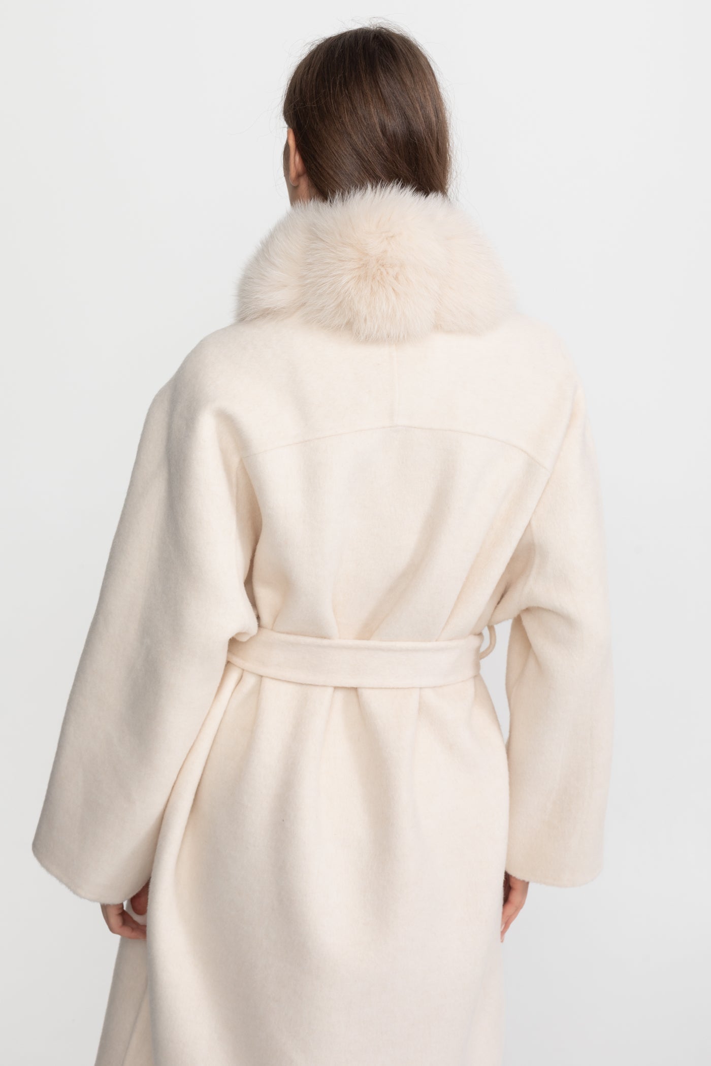Women's Wool Blend Long Coat | Plush Fur Front | Ivory Winter Coat | Elegant | Steven & Levon