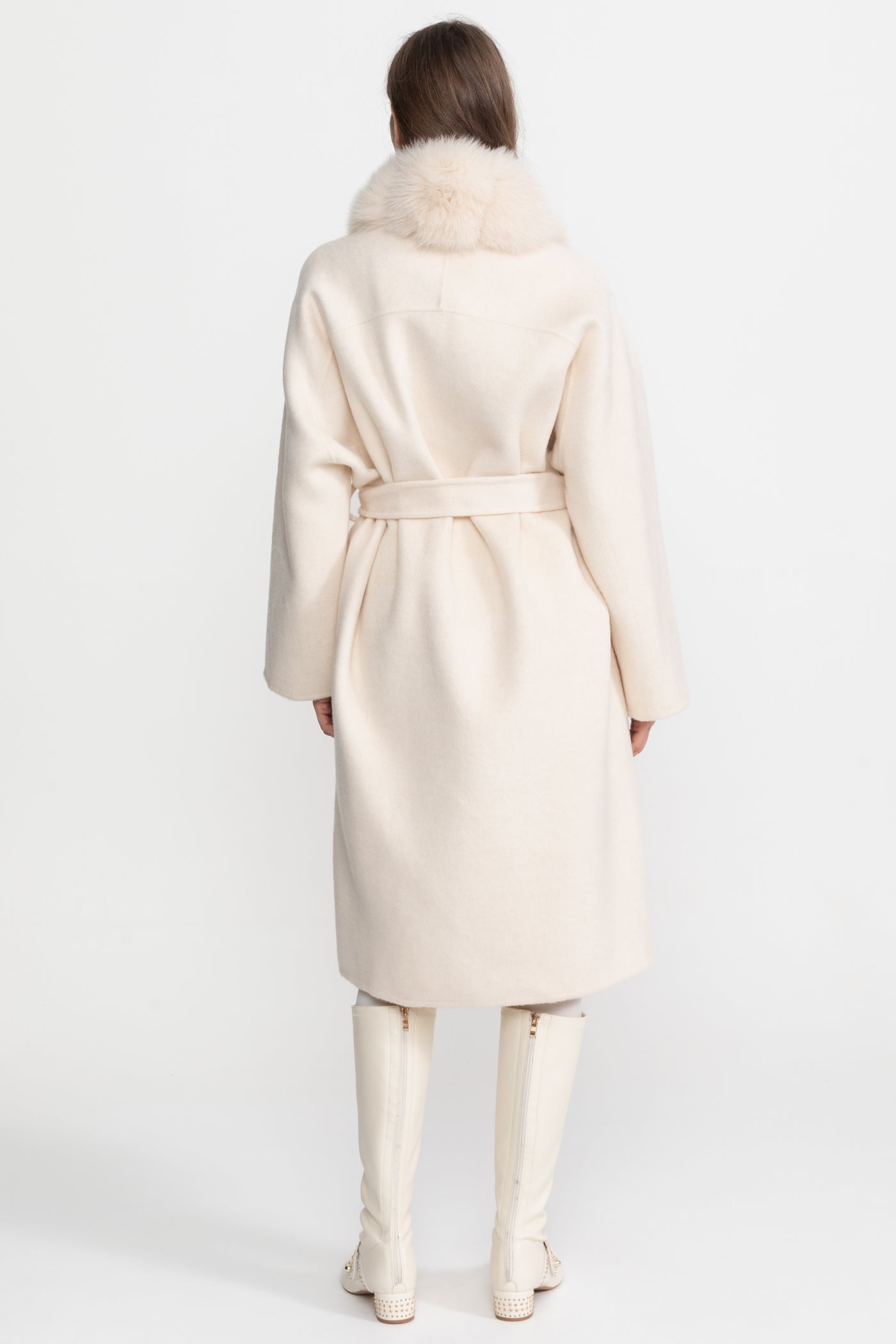 Women's Wool Blend Long Coat | Plush Fur Front | Ivory Winter Coat | Elegant | Steven & Levon