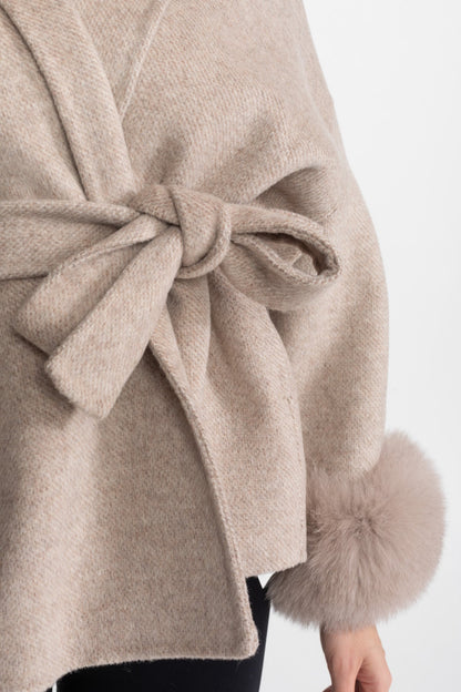 Women's Wool Blend Wrap Jacket | Fox Fur Cuffs | Belted Beige Coat | Steven & Levon