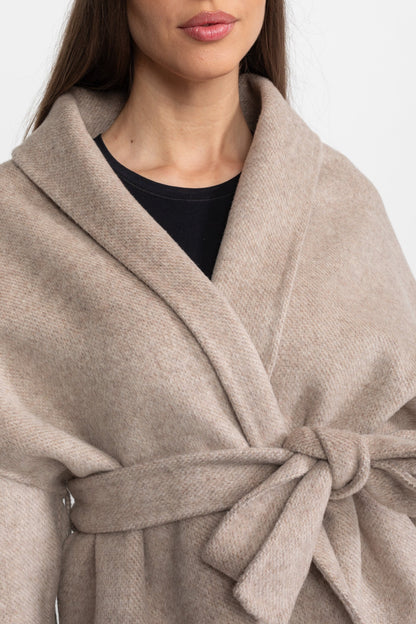 Women's Wool Blend Wrap Jacket | Fox Fur Cuffs | Belted Beige Coat | Steven & Levon