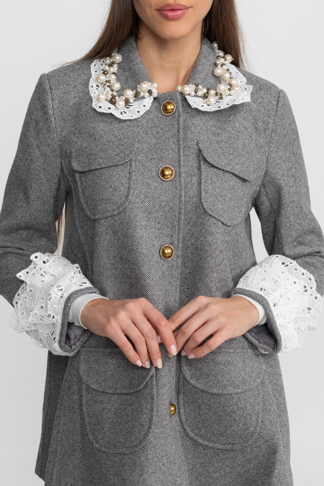 Mini Coat | Women's Wool Blend Coat | Pearl Embellished Lace Collar, Grey Cropped Outerwear | Steven & Levon