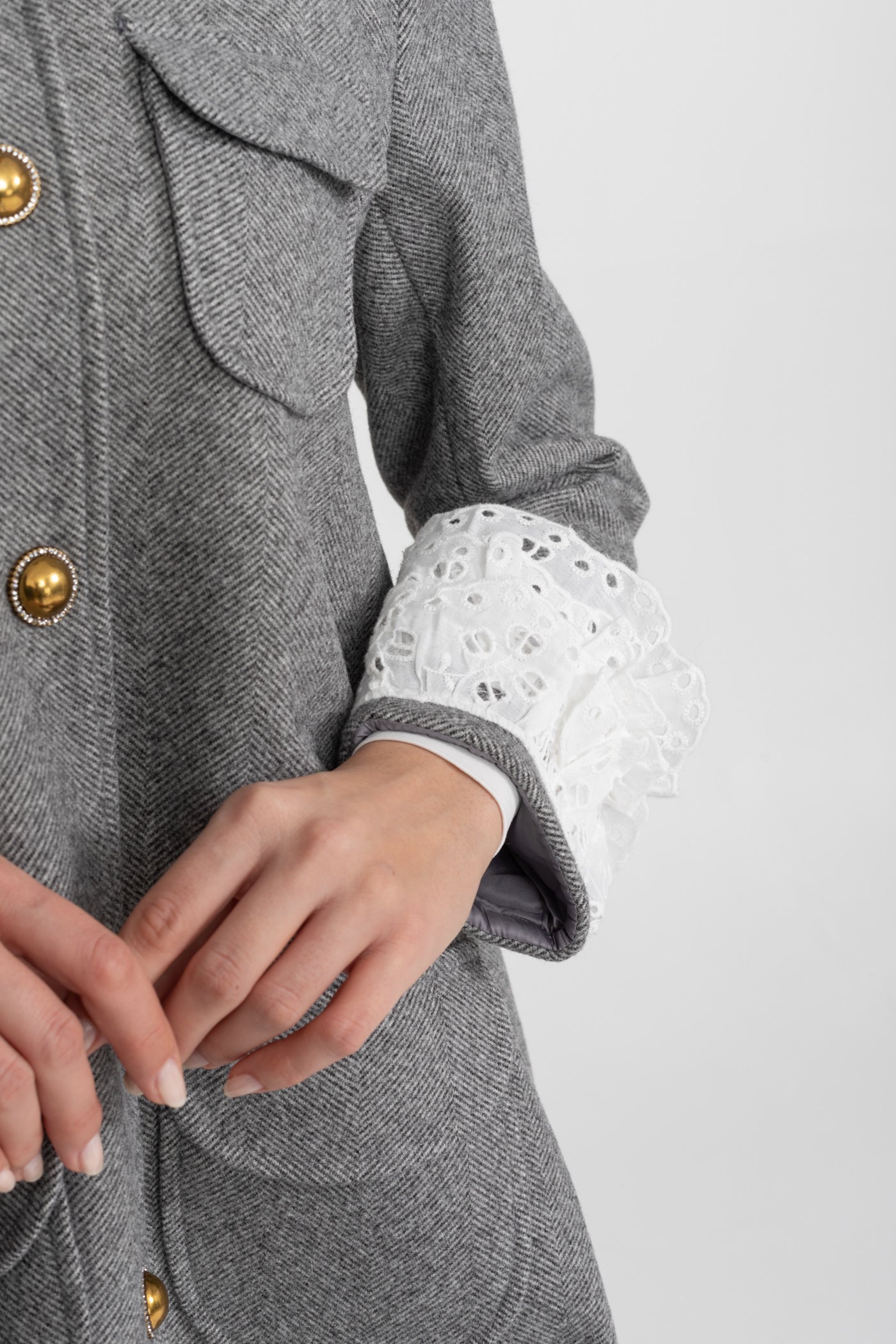 Mini Coat | Women's Wool Blend Coat | Pearl Embellished Lace Collar, Grey Cropped Outerwear | Steven & Levon