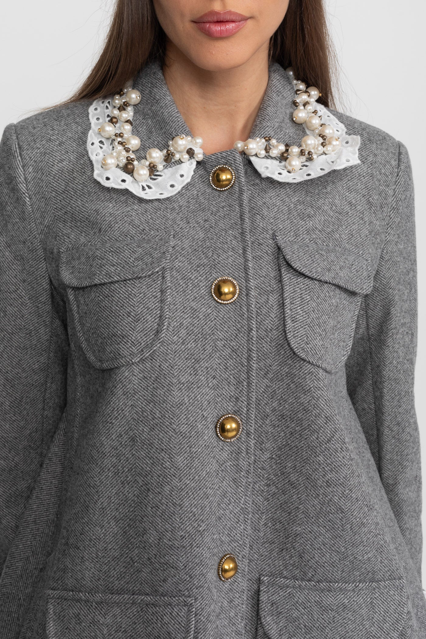 Mini Coat | Women's Wool Blend Coat | Pearl Embellished Lace Collar, Grey Cropped Outerwear | Steven & Levon