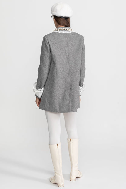 Mini Coat | Women's Wool Blend Coat | Pearl Embellished Lace Collar, Grey Cropped Outerwear | Steven & Levon
