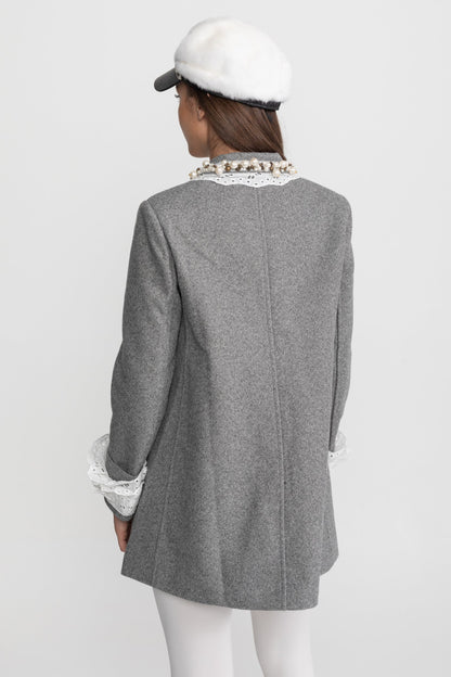 Mini Coat | Women's Wool Blend Coat | Pearl Embellished Lace Collar, Grey Cropped Outerwear | Steven & Levon