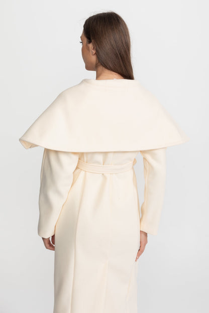 Women's Long Wool Blend Coat | Cape Collar, Belted Waist | Ivoire Longline Winter Coat | Steven & Levon